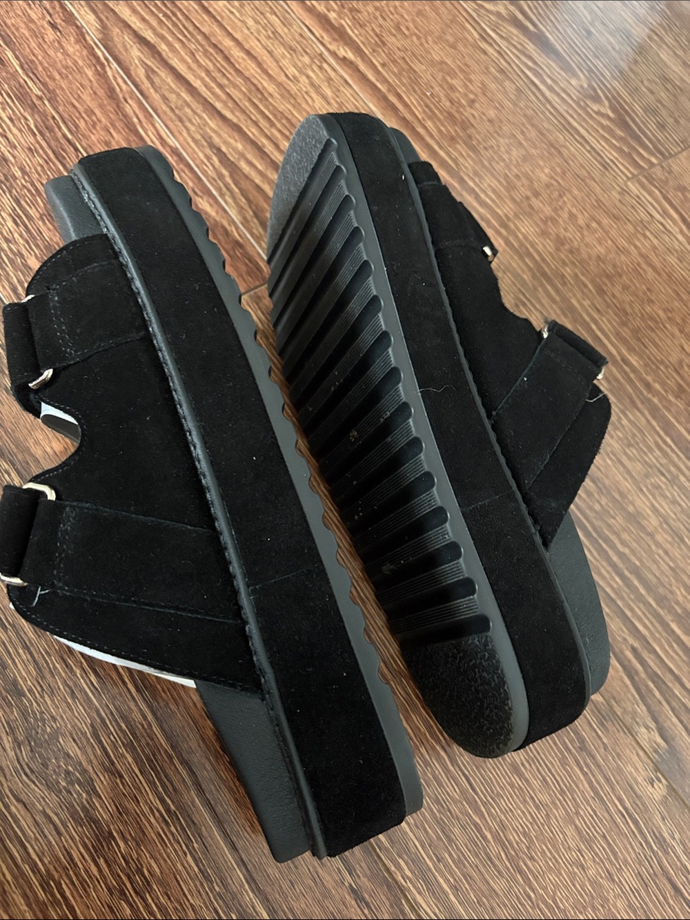 Steve Madden Black Suede Double Strap Slide Sandals with Gold Buckles - Picture 4 of 12